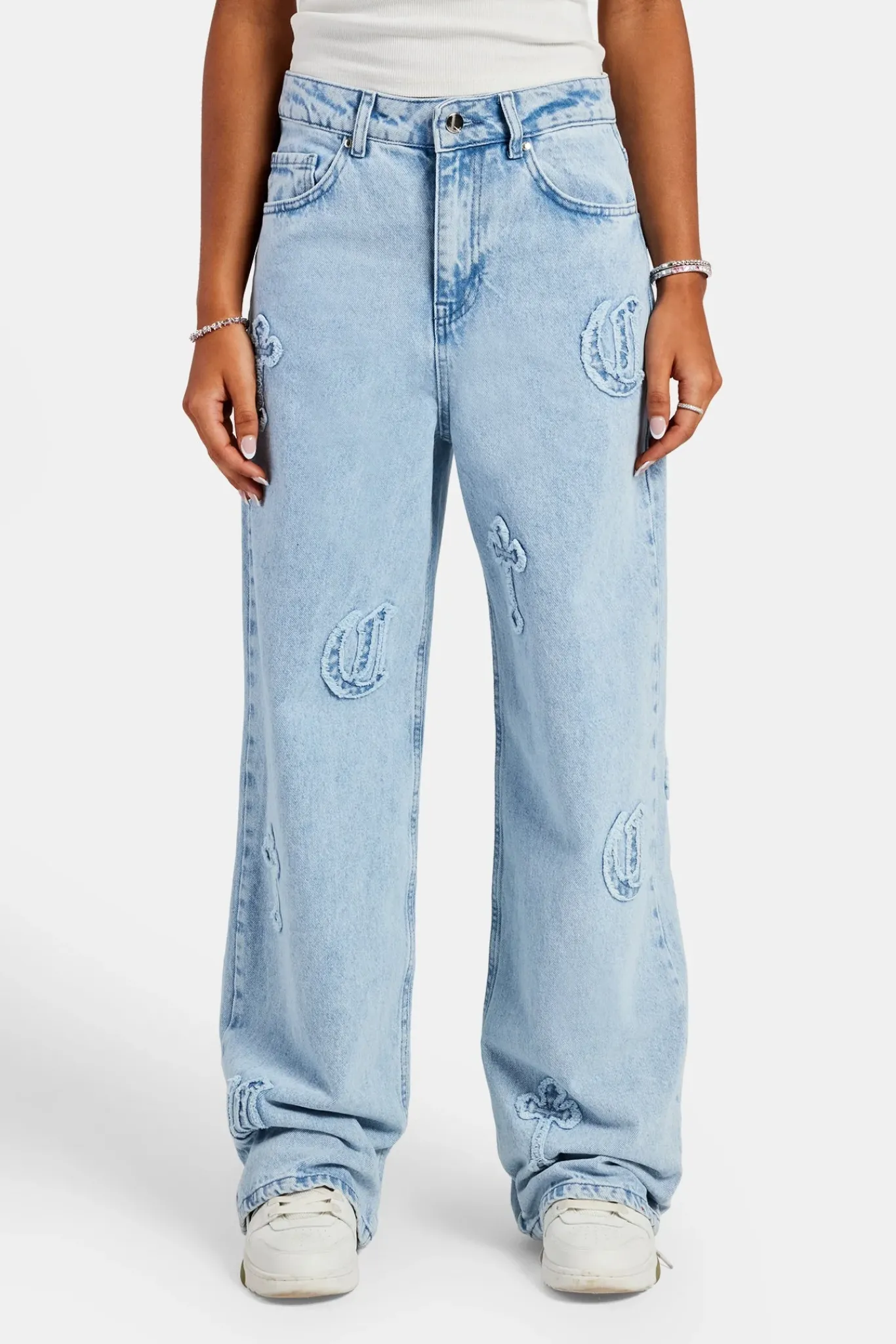 Women CLO-BOT-DEN Ladies Raw Edge Applique Cross Baggy Jean - Ice Blue