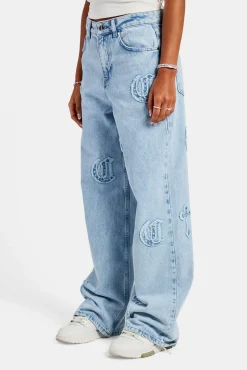Women CLO-BOT-DEN Ladies Raw Edge Applique Cross Baggy Jean - Ice Blue
