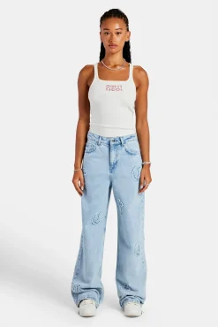 Women CLO-BOT-DEN Ladies Raw Edge Applique Cross Baggy Jean - Ice Blue