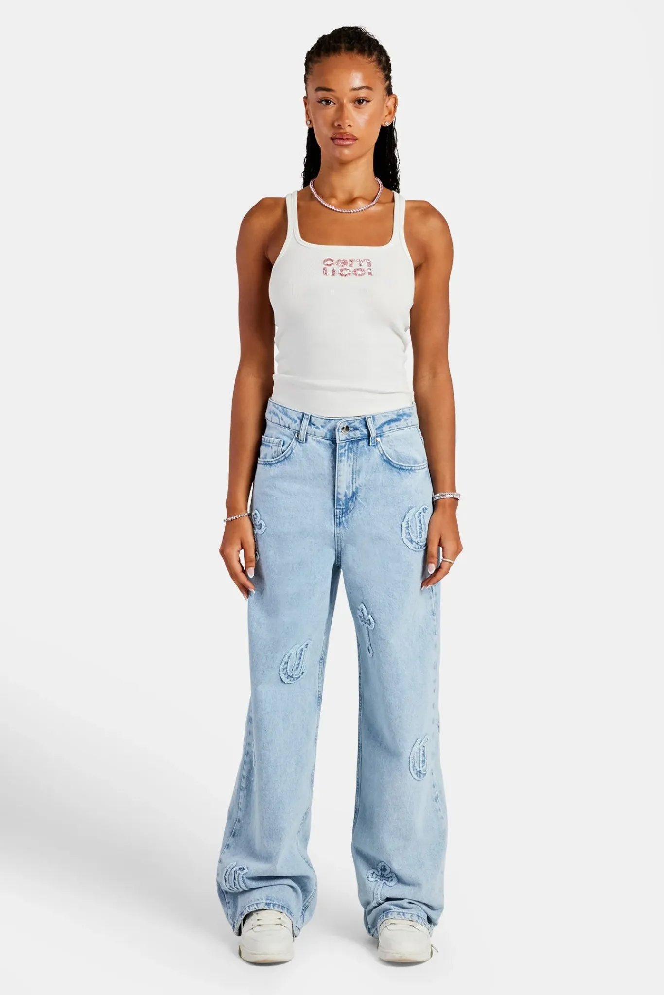 Women CLO-BOT-DEN Ladies Raw Edge Applique Cross Baggy Jean - Ice Blue