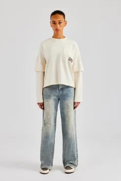 Women CLO-TOP-TEE Layered Long Sleeve Glitter Applique T-Shirt - Off White