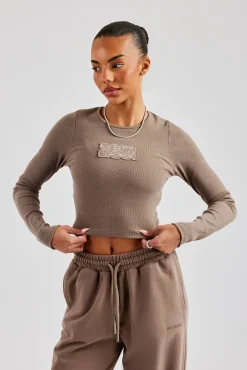 Women CLO-TOP-TEE Long Sleeve Applique T-Shirt - Chocolate