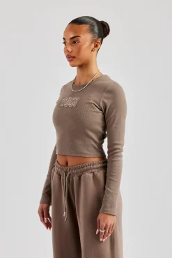Women CLO-TOP-TEE Long Sleeve Applique T-Shirt - Chocolate