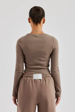 Women CLO-TOP-TEE Long Sleeve Applique T-Shirt - Chocolate