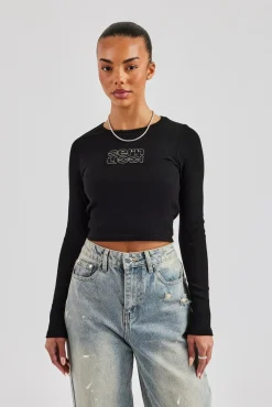 Women CLO-TOP-TEE Long Sleeve Applique T-Shirt - Black