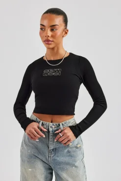 Women CLO-TOP-TEE Long Sleeve Applique T-Shirt - Black