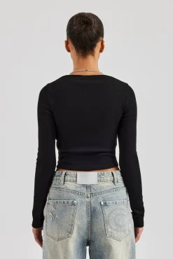 Women CLO-TOP-TEE Long Sleeve Applique T-Shirt - Black