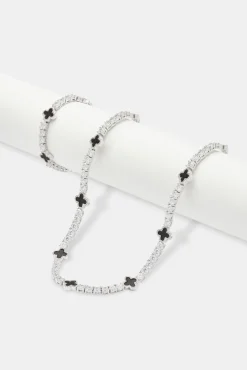 JWL-BUND Mens Black Motif Tennis Chain + Bracelet - White - 5mm