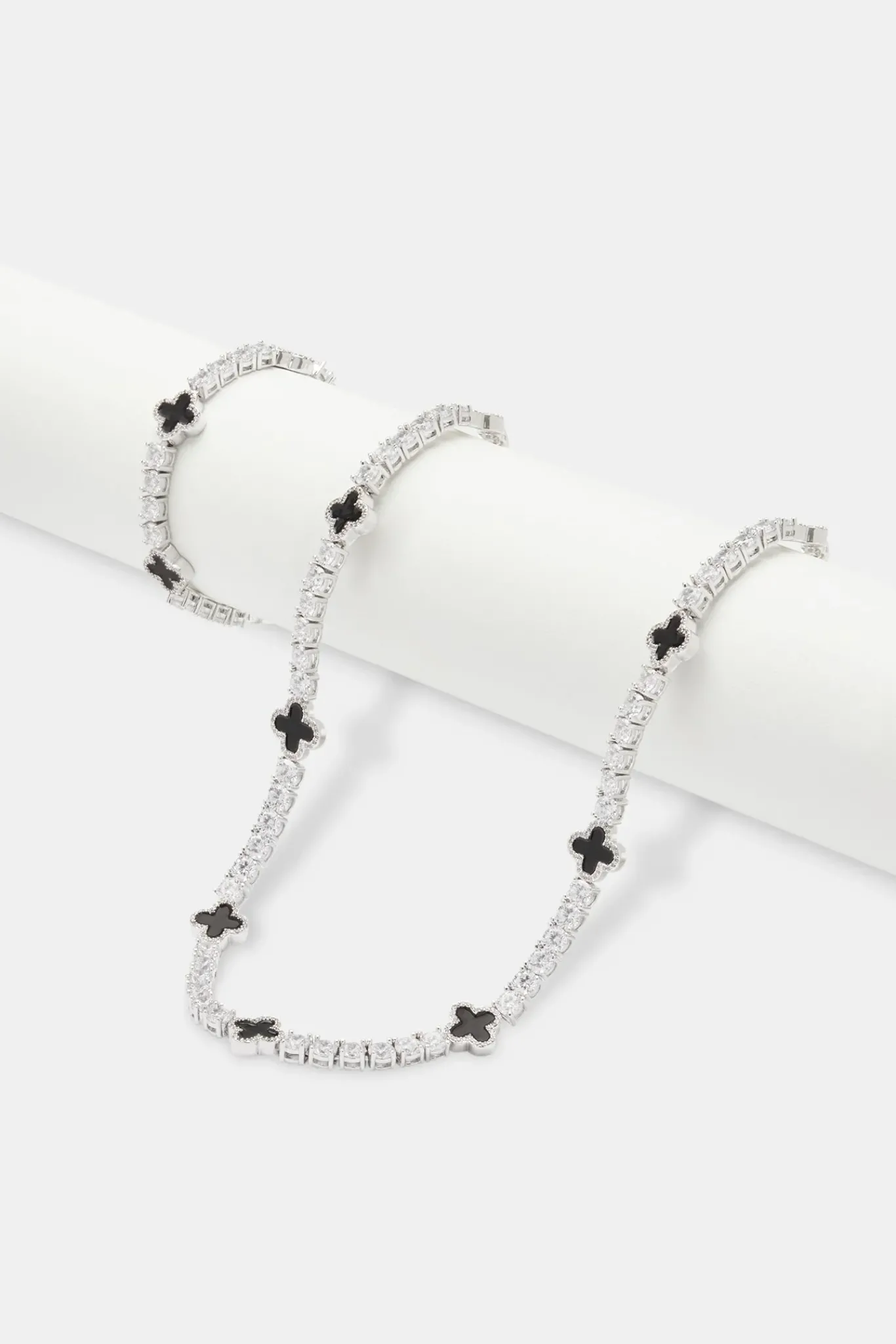 JWL-BUND Mens Black Motif Tennis Chain + Bracelet - White - 5mm