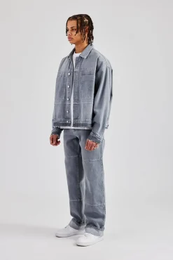 CLO-SET-DEN Mens Contrast Stitch Denim Jacket & Turn Up Jean - Washed Grey