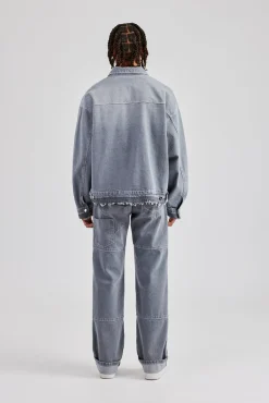 CLO-SET-DEN Mens Contrast Stitch Denim Jacket & Turn Up Jean - Washed Grey