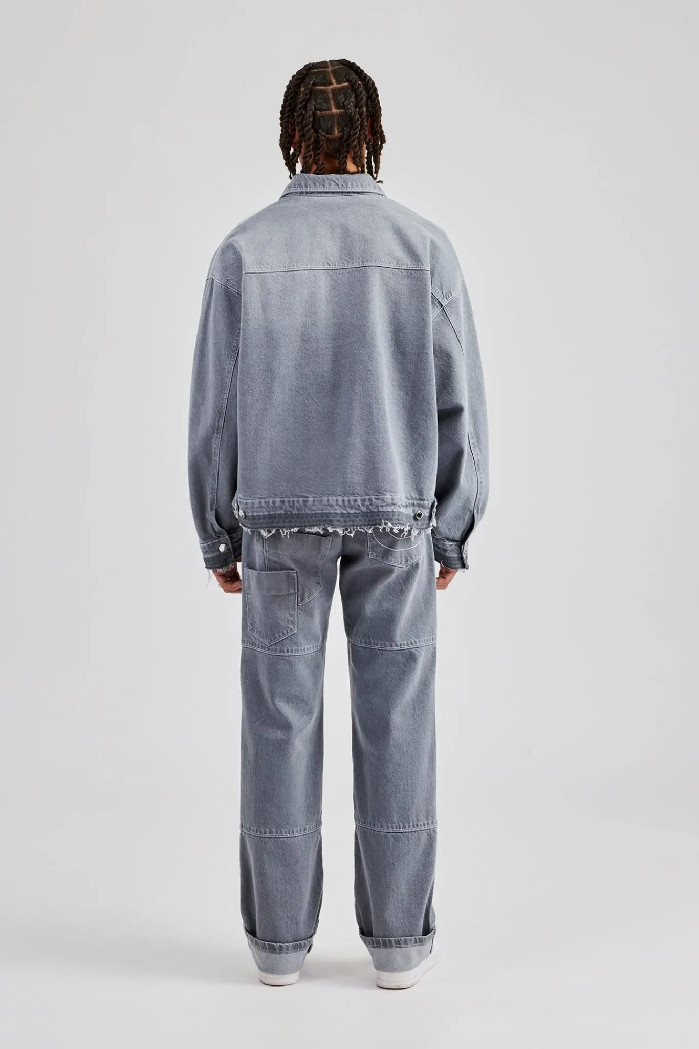 CLO-SET-DEN Mens Contrast Stitch Denim Jacket & Turn Up Jean - Washed Grey