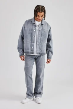 CLO-TOP-OUT Mens Contrast Stitch Denim Jacket - Washed Grey
