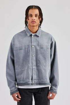 CLO-TOP-OUT Mens Contrast Stitch Denim Jacket - Washed Grey
