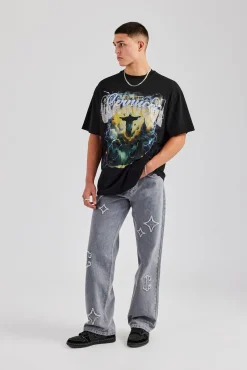 CLO-BOT-DEN Mens Relaxed Fit Applique Denim Jean - Washed Grey