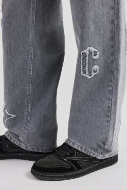 CLO-BOT-DEN Mens Relaxed Fit Applique Denim Jean - Washed Grey