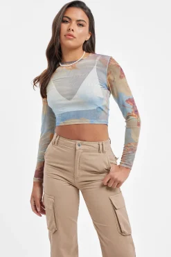 Women CLO-TOP-CROP Mesh Printed Long Sleeve Top - Multi