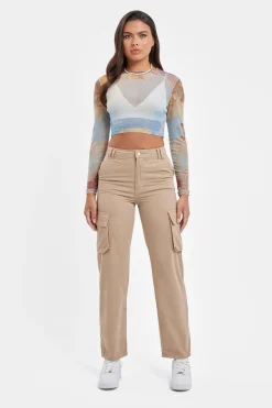 Women CLO-TOP-CROP Mesh Printed Long Sleeve Top - Multi