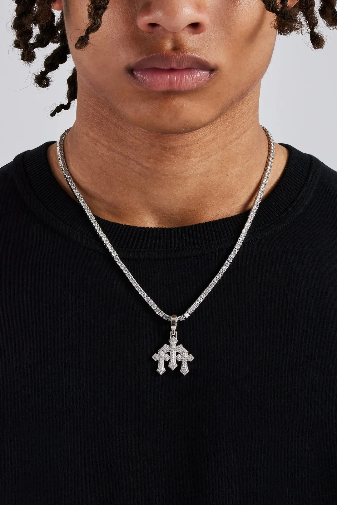 JWL-BUND Micro Triple Cross Pendant & 3mm Tennis Chain - White