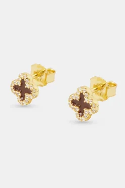 Women JWL-EAR 6mm Chocolate Enamel Motif Stud Earrings - Gold