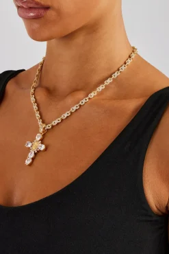 Women JWL-PEND 25mm Clear Cross Pendant - Gold