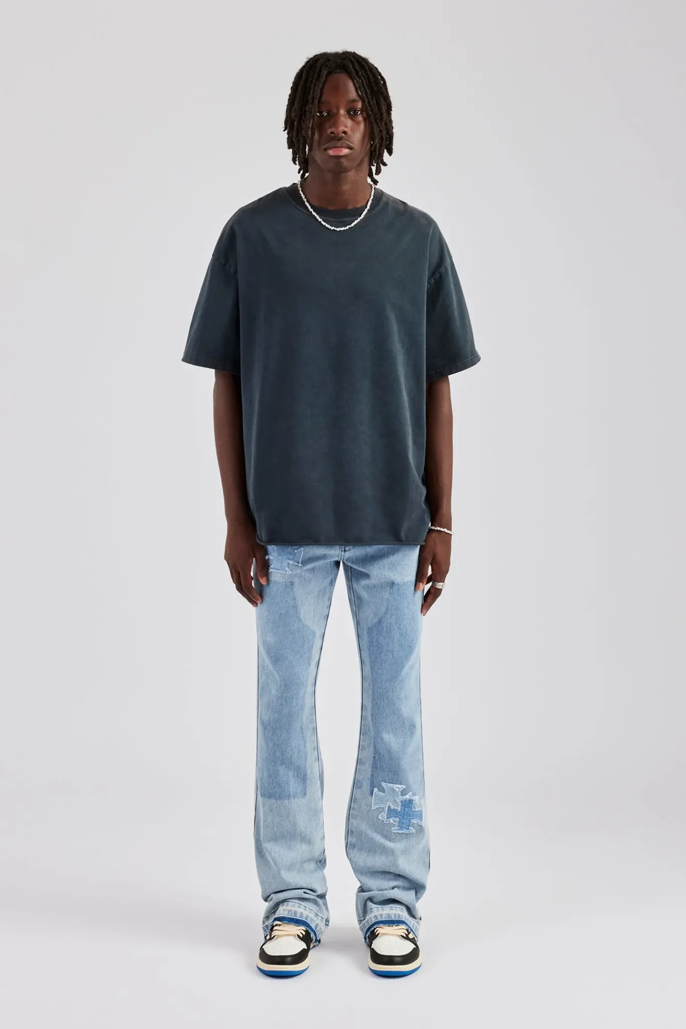 CLO-BOT-DEN Motif Panelled Stacked Flare Jean - Ice Blue