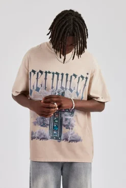 CLO-TOP-TEE Multi Gem Cross Distressed Oversized Graphic T-Shirt - Taupe