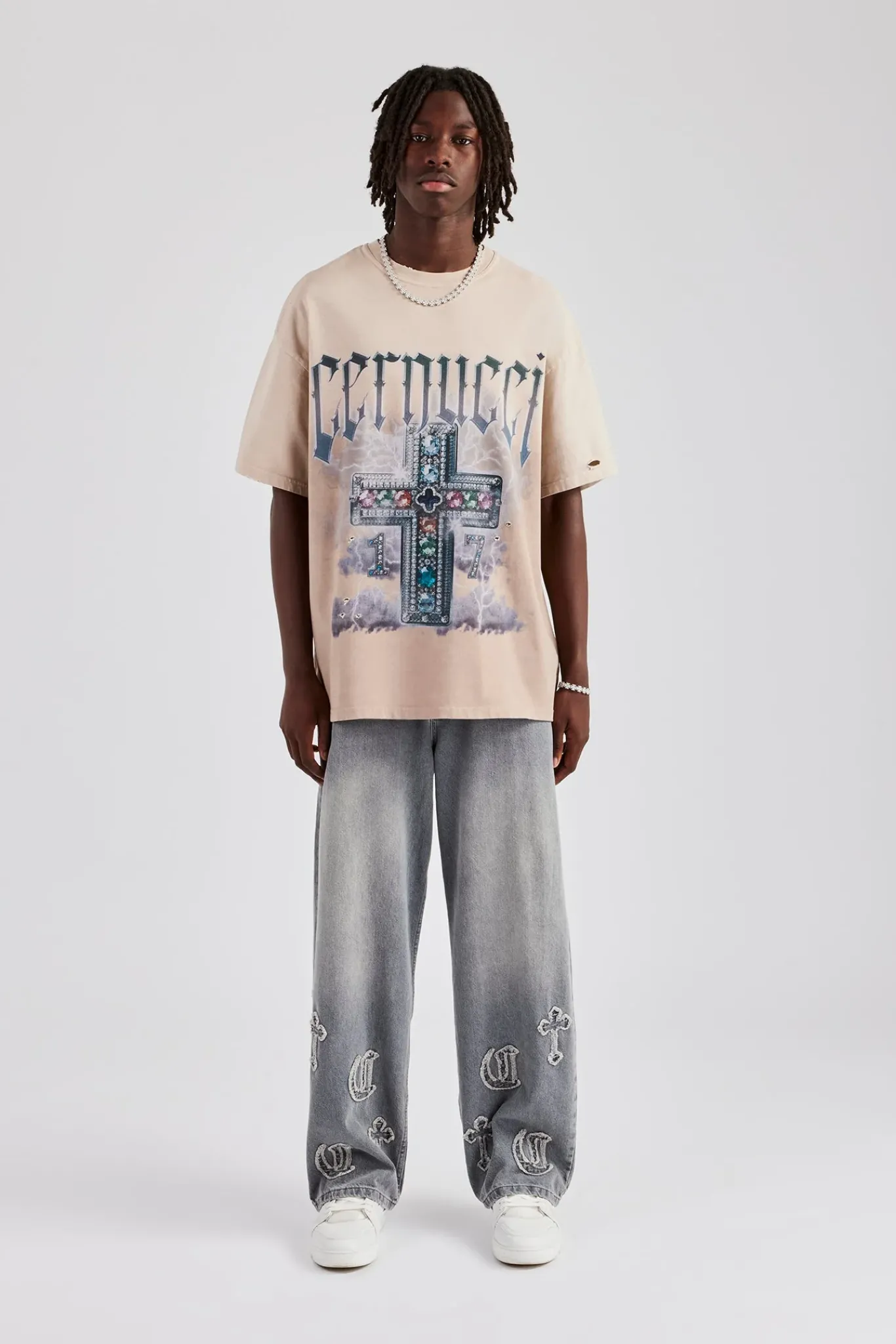CLO-TOP-TEE Multi Gem Cross Distressed Oversized Graphic T-Shirt - Taupe