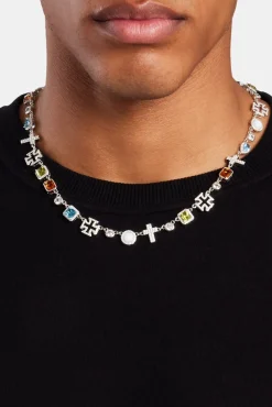 JWL-CHN Multi Gemstone & Cross Chain - White