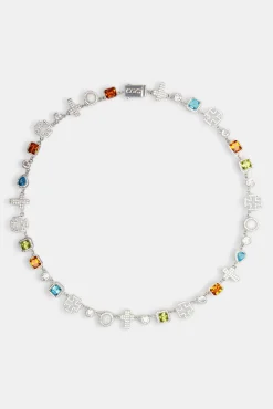 JWL-CHN Multi Gemstone & Cross Chain - White