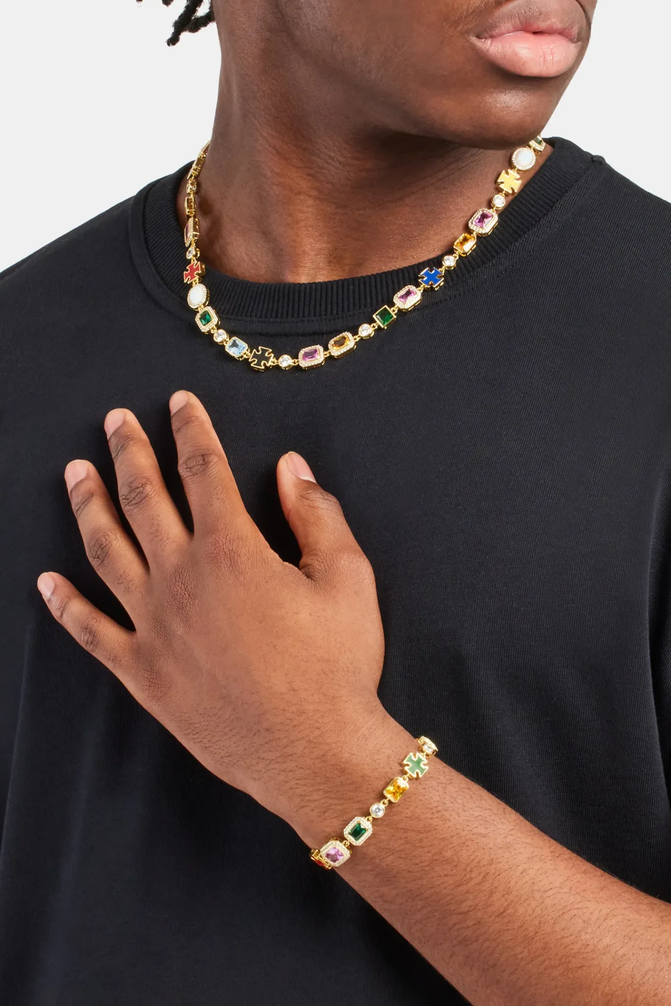 JWL-BUND Multi Gemstone Motif Necklace & Bracelet - Gold