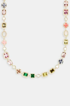 Women JWL-NECK Multi Gemstone Motif Necklace - Gold Pink & Green