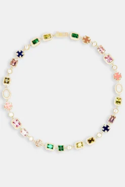 Women JWL-NECK Multi Gemstone Motif Necklace - Gold Pink & Green