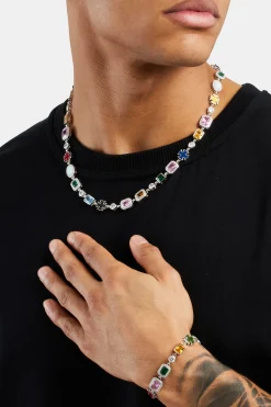 JWL-BUND Multi Gemstone Motif Necklace & Bracelet  - White