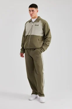 CLO-SET Nylon Panel Funnel Neck Track Jacket & Jogger - Khaki