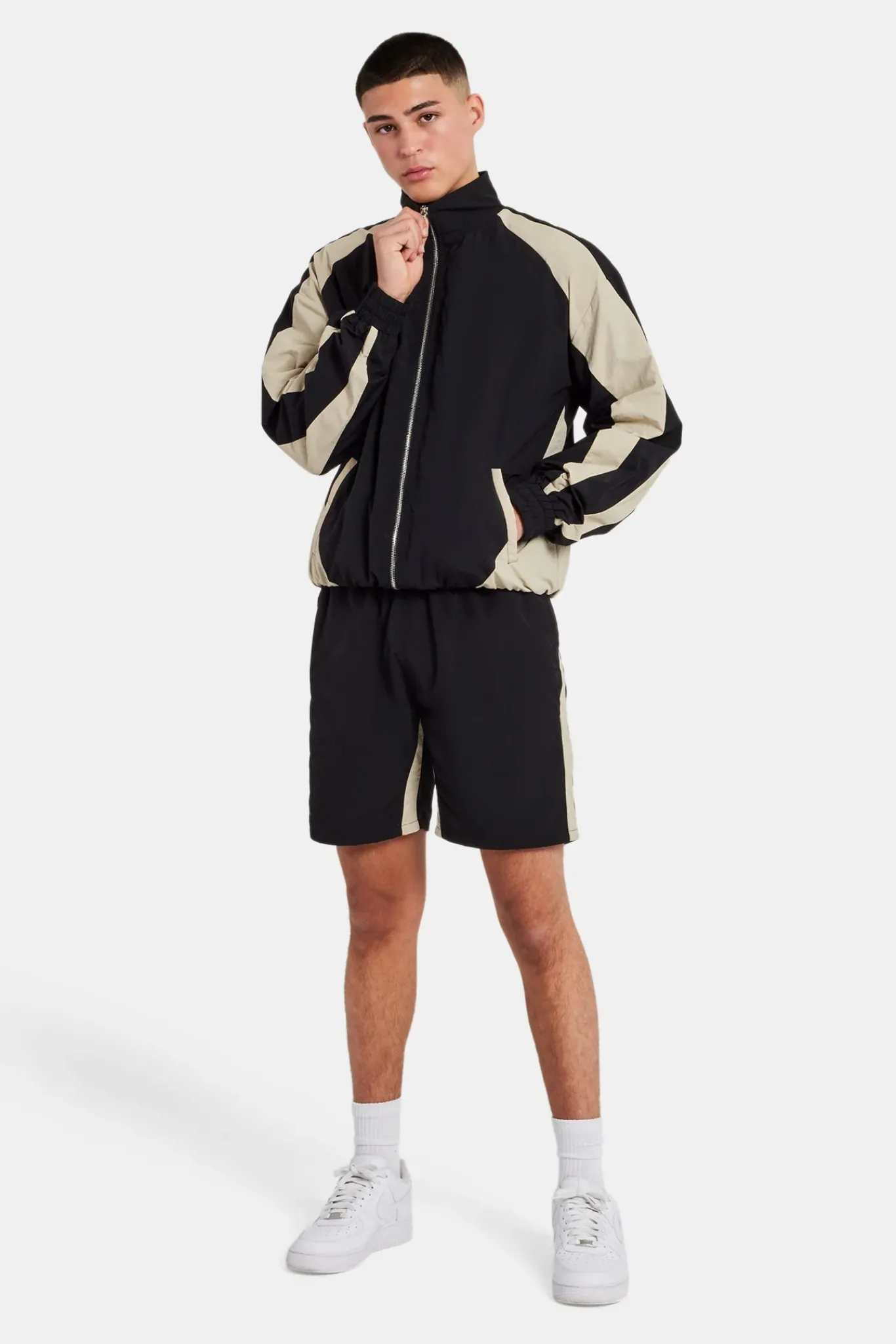 CLO-SET Nylon Panelled Track Jacket & Short Set - Black