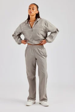 Women CLO-SET Nylon Zip Through Hooded Jacket & Trousers - Light Grey