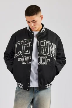 CLO-TOP-OUT Oversized 17 Nylon Applique Bomber Jacket - Black