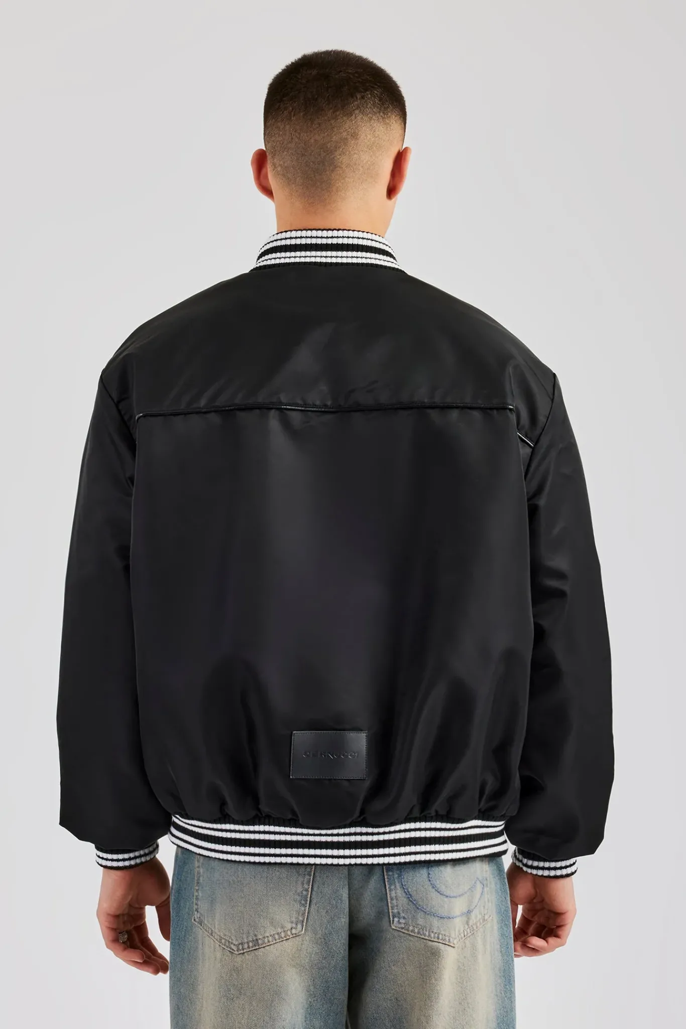 CLO-TOP-OUT Oversized 17 Nylon Applique Bomber Jacket - Black