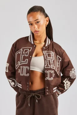 Women CLO-TOP-OUT Oversized 17 Nylon Applique Badge Bomber - Chocolate