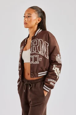 Women CLO-TOP-OUT Oversized 17 Nylon Applique Badge Bomber - Chocolate