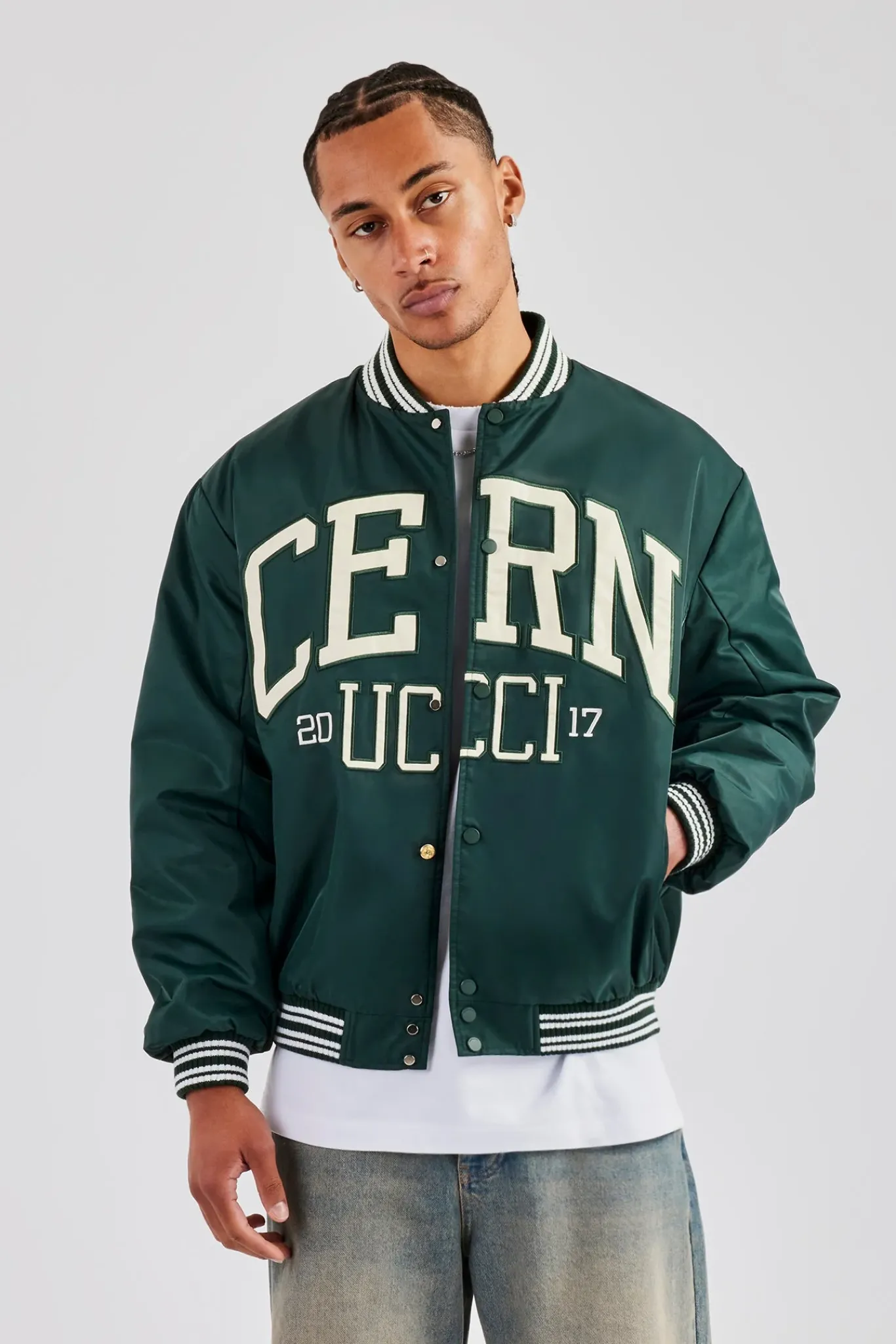 CLO-TOP-OUT Oversized 17 Nylon Applique Bomber Jacket - Forest Green