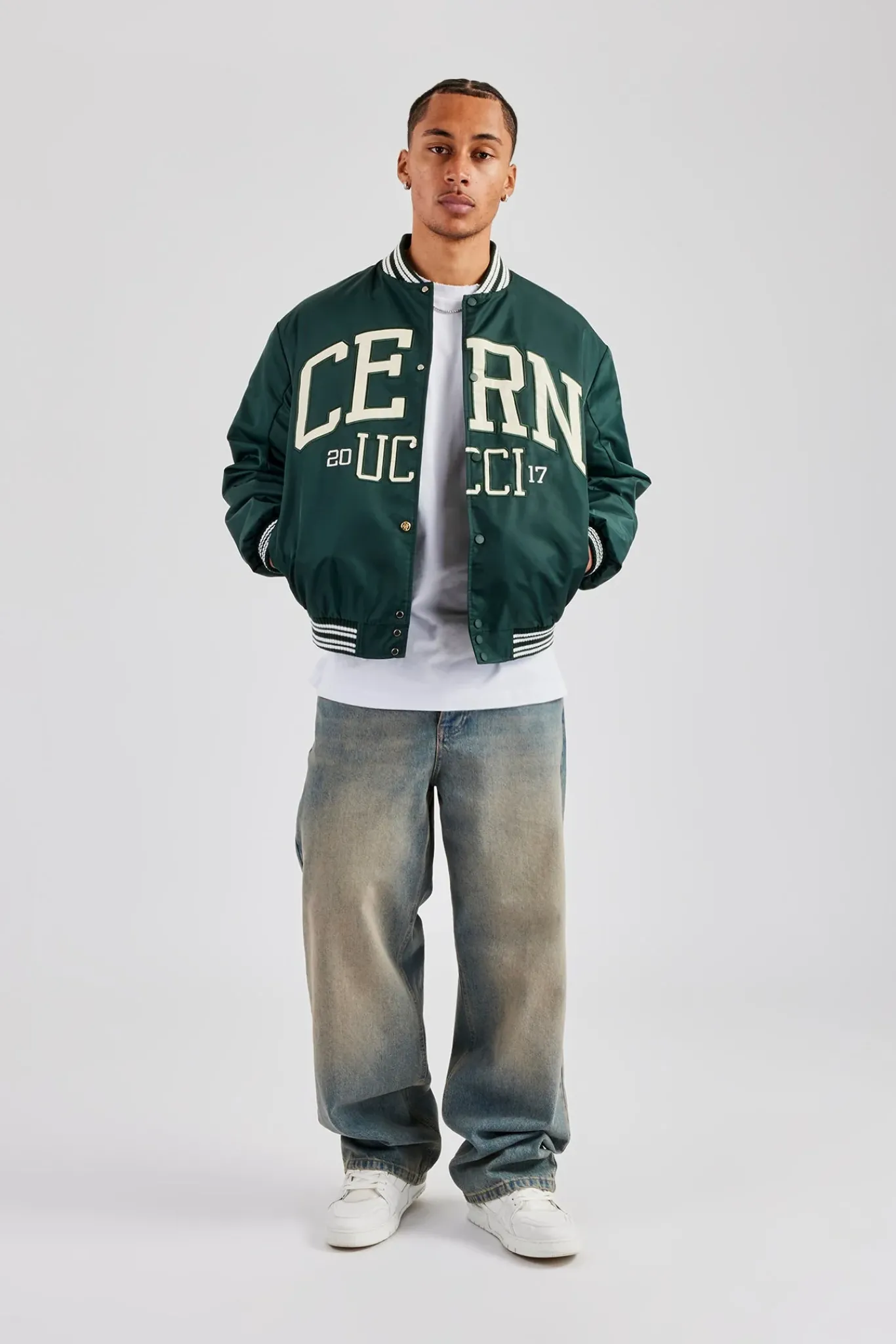 CLO-TOP-OUT Oversized 17 Nylon Applique Bomber Jacket - Forest Green