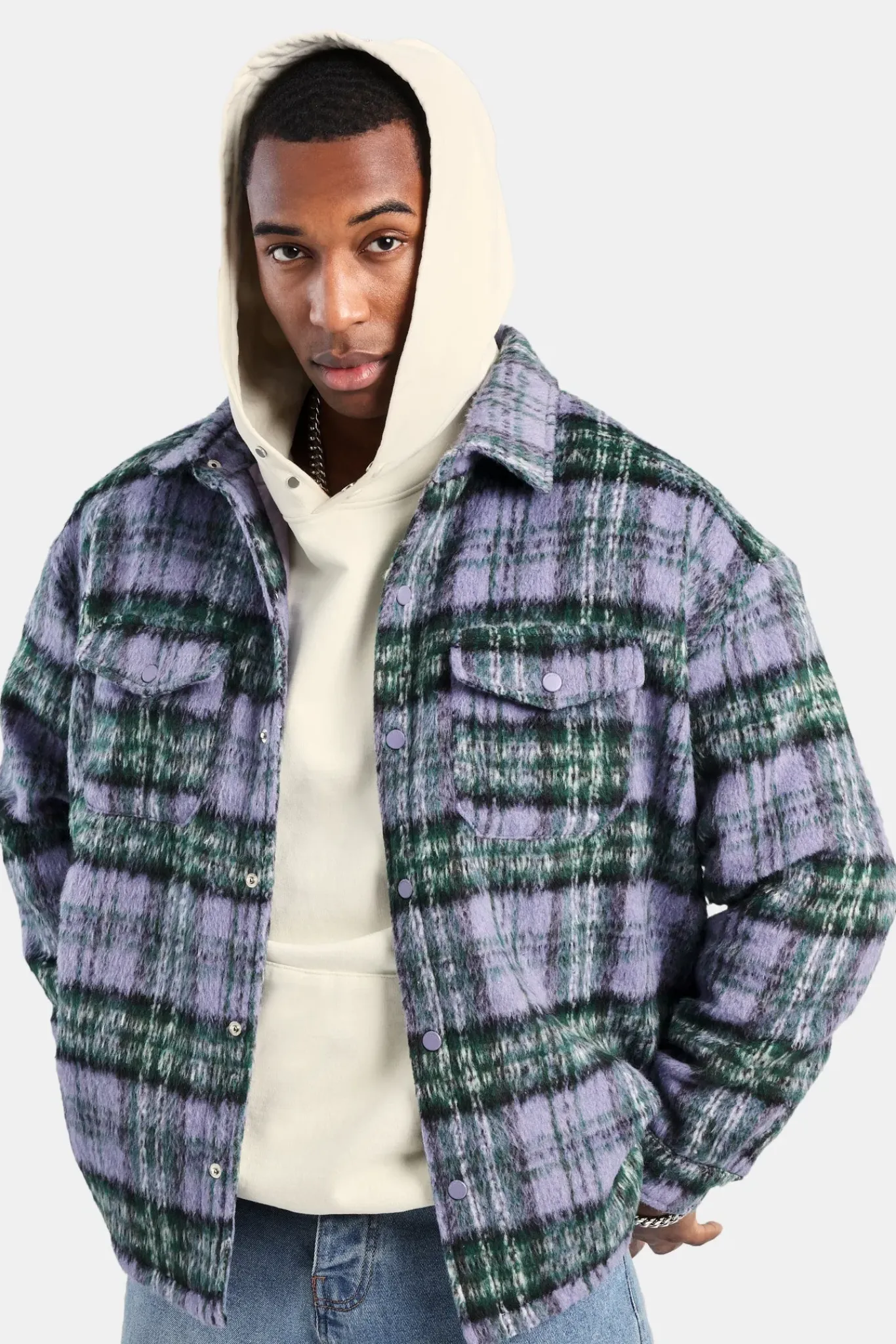 CLO-TOP-SHIR Oversized Brushed Check Overshirt - Purple