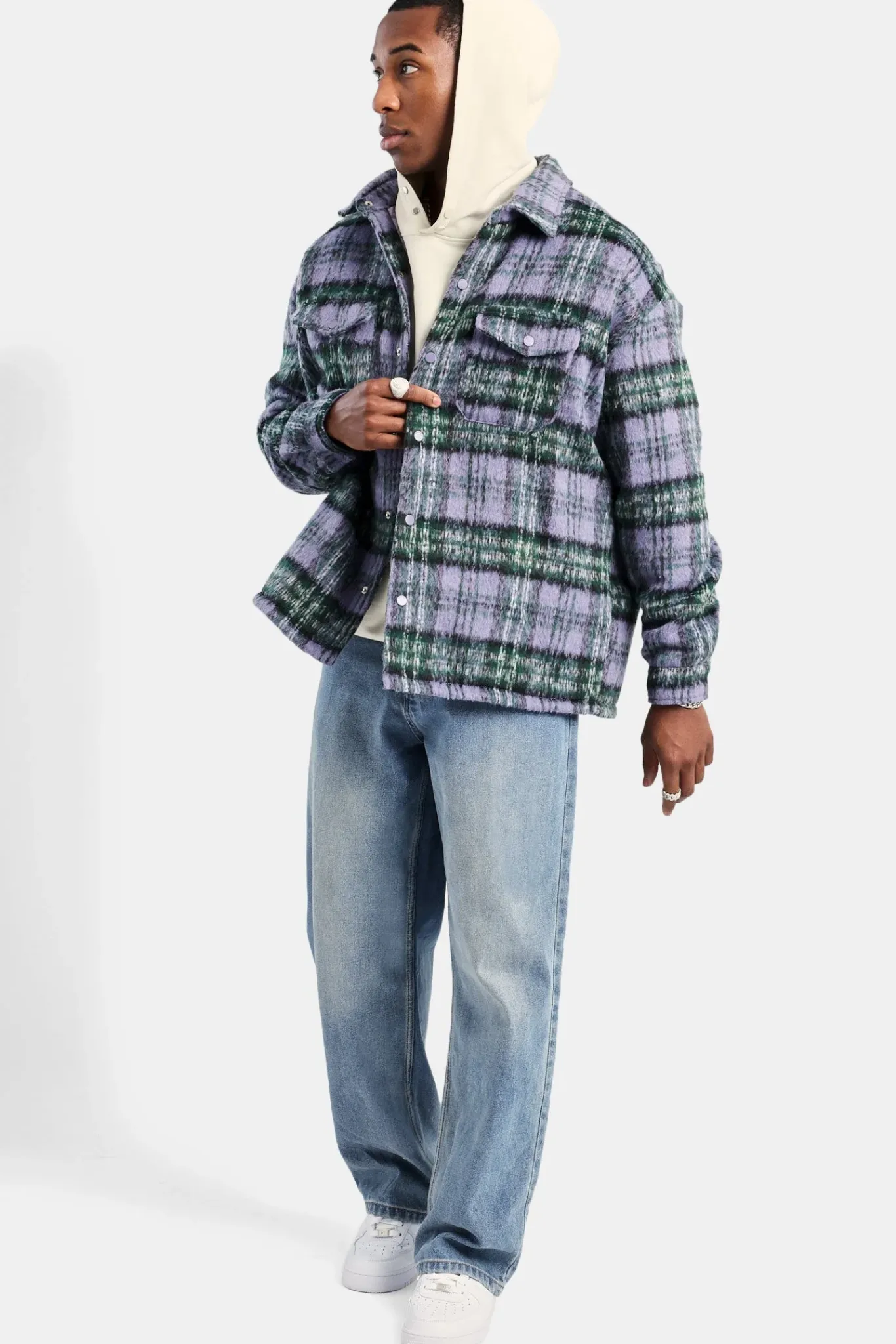 CLO-TOP-SHIR Oversized Brushed Check Overshirt - Purple