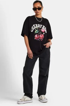 Women CLO-TOP-TEE Oversized Cherry Graphic T-Shirt - Black