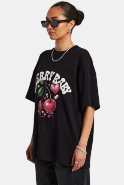 Women CLO-TOP-TEE Oversized Cherry Graphic T-Shirt - Black