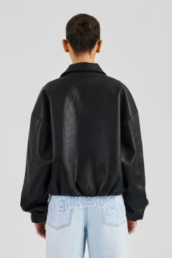 Women CLO-TOP-OUT Oversized Collared Pu Bomber - Black