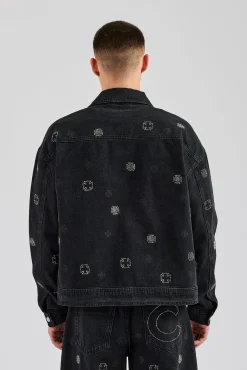 CLO-TOP-OUT-DEN Oversized Embellished Denim Jacket - Washed Black
