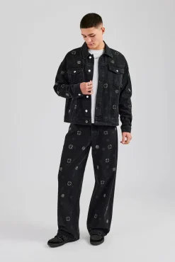 CLO-SET-DEN Oversized Embellished Jacket and Jean Set - Washed Black